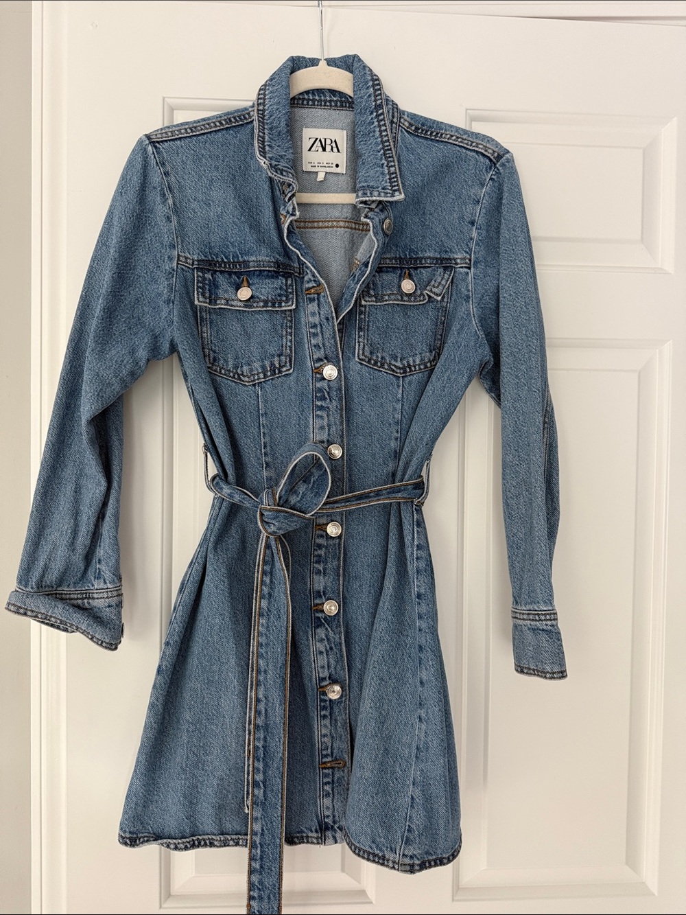 ZARA Medium Blue Denim Shirt Dress with Tie Belt